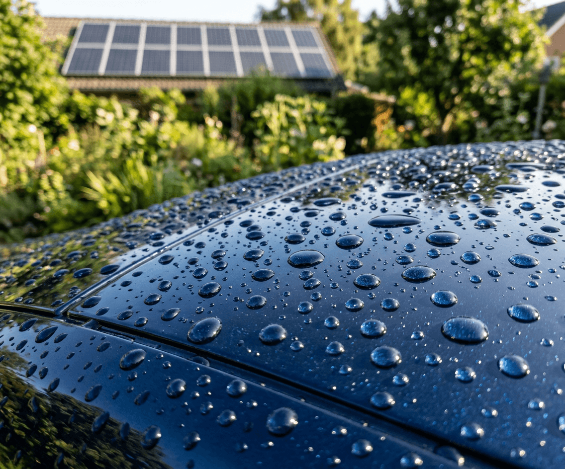 Wassertropfen auf glänzendem dunkelblauem Autolack, im Hintergrund Solarmodule